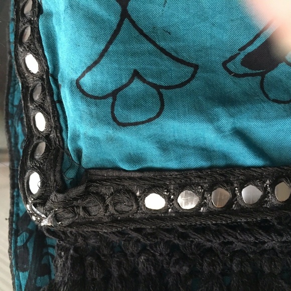 Stunning ! Blue, black KALAMKARI cotton blend SAREE SARI with Mirrors, tassles - Picture 3 of 8